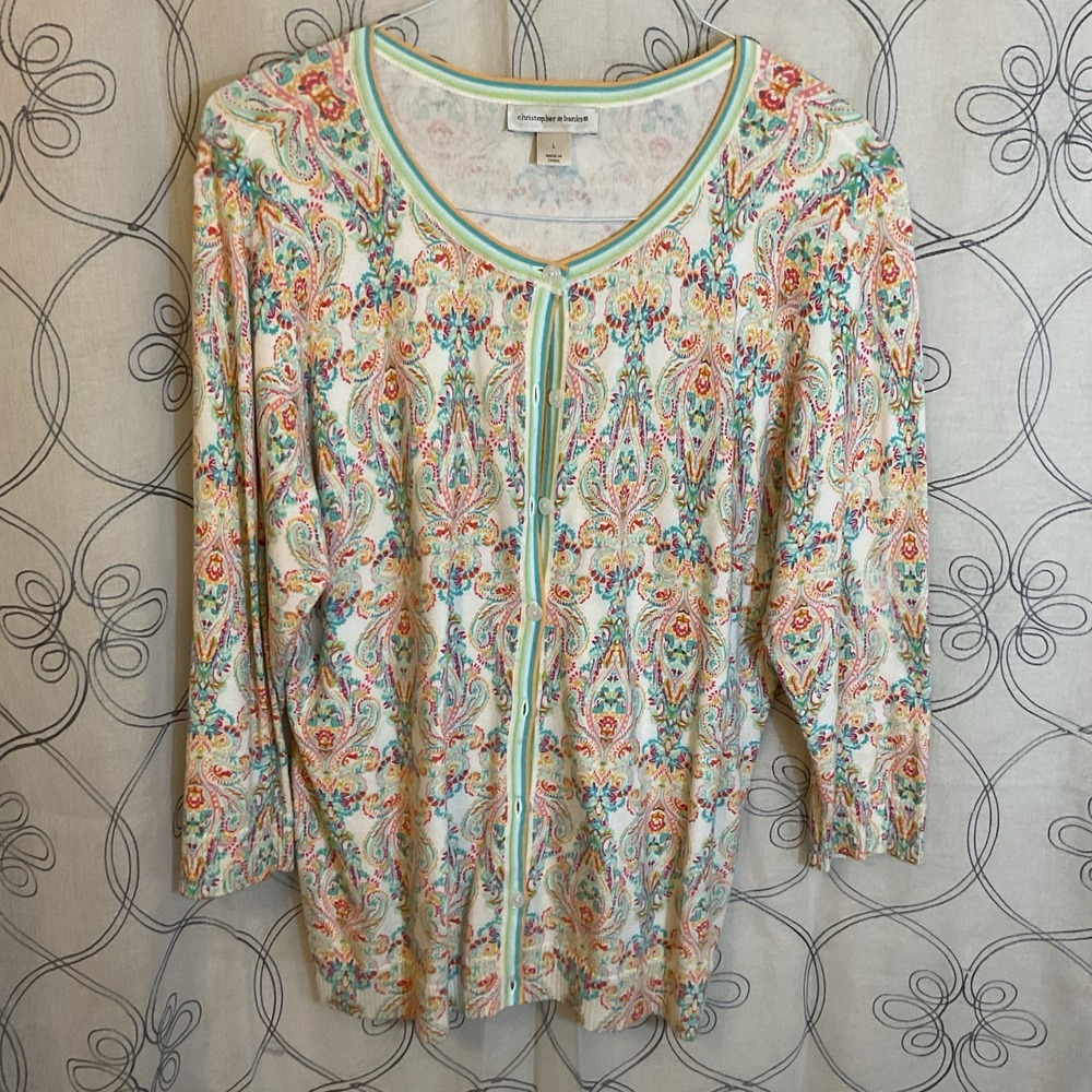 Women's Christopher & Banks Colorful Design Button Up Sweater 3/4 Sleeve Large